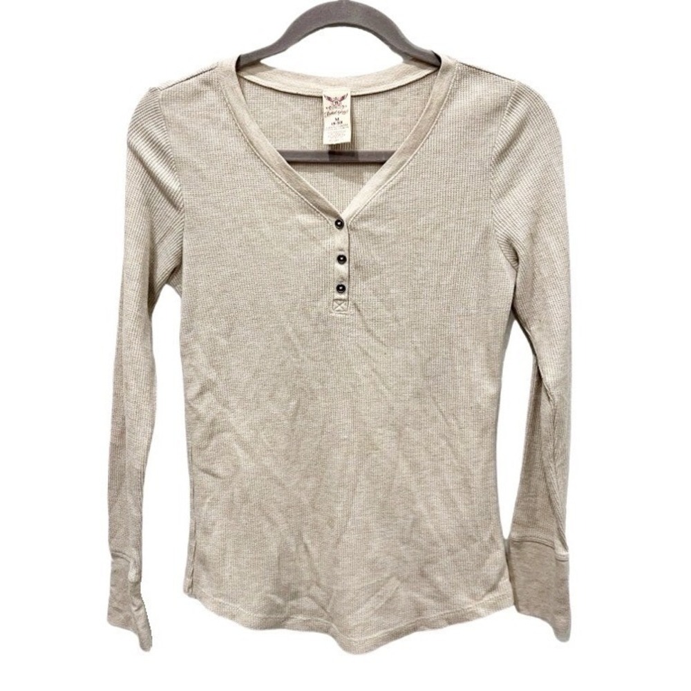 Vintage Faded Glory Women's Y2K Thermal Henley Size M Beige Elena Gilbert Preppy